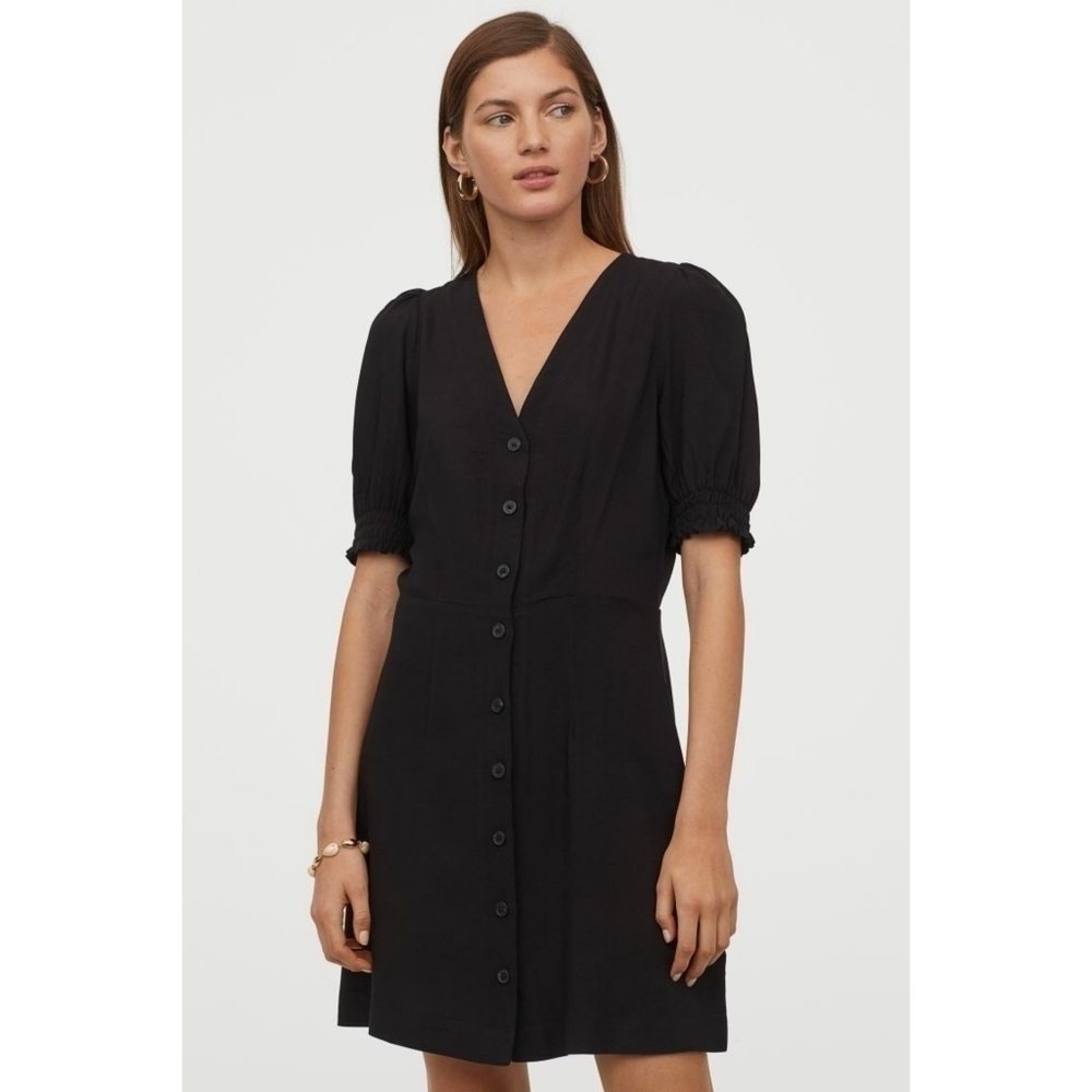 H&M Puff Sleeve Mini Black Dress L - Picture 2 of 7